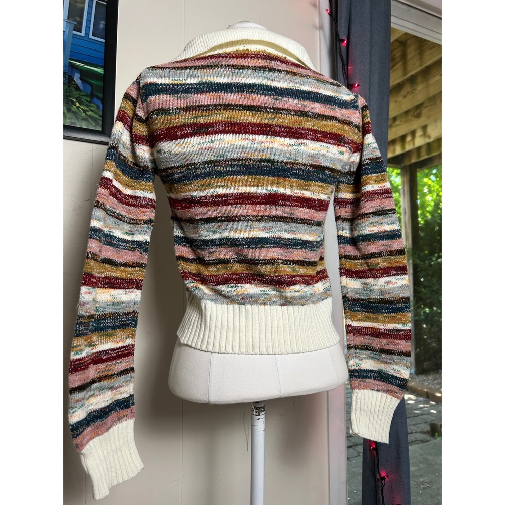 Vintage 70s Striped Polo Sweater Knit V-Neck S Boho Retro Fall Eclectic Boho - Picture 3 of 6
